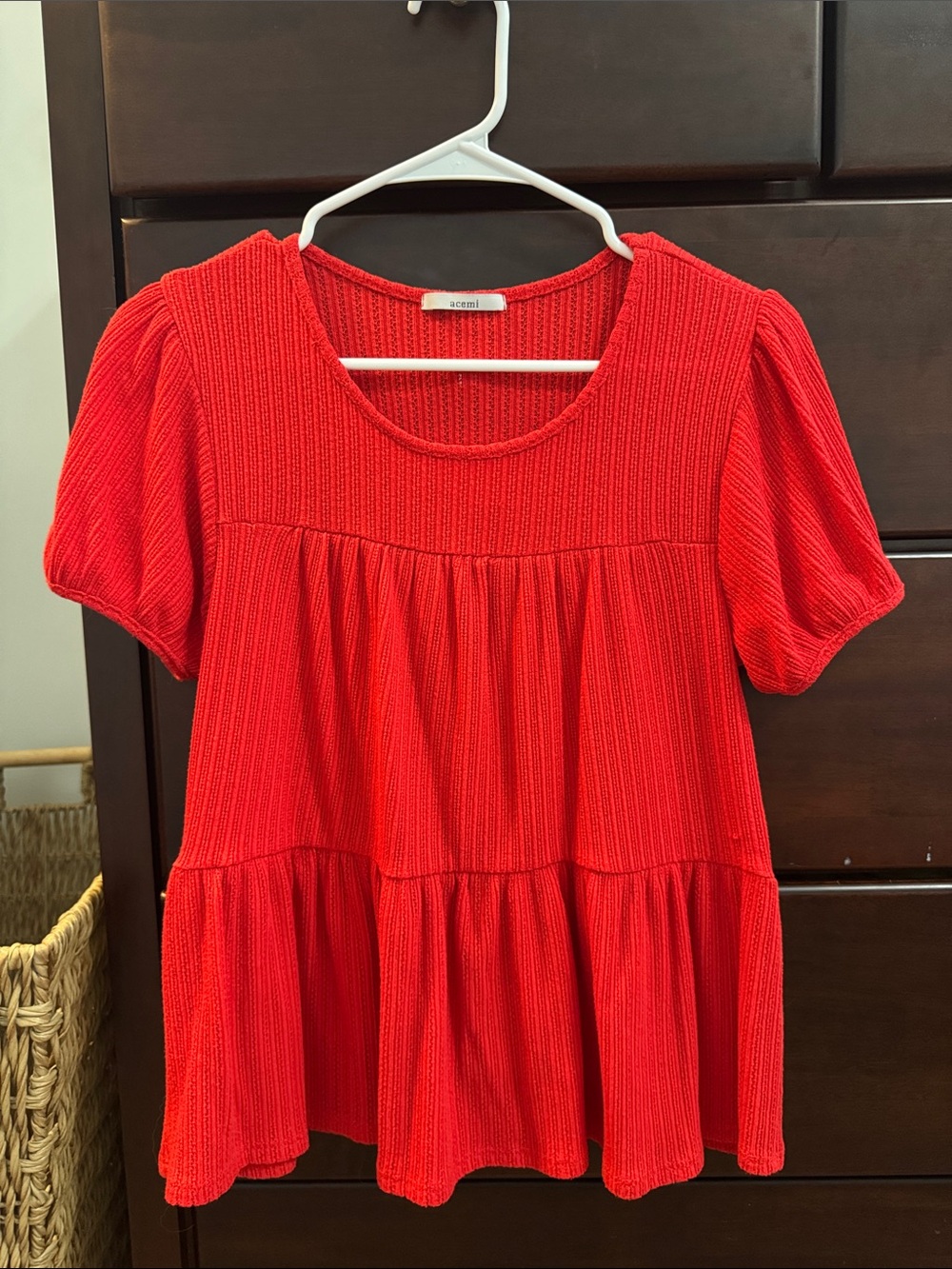 Acemi Red Textured Short Sleeve Babydoll Top